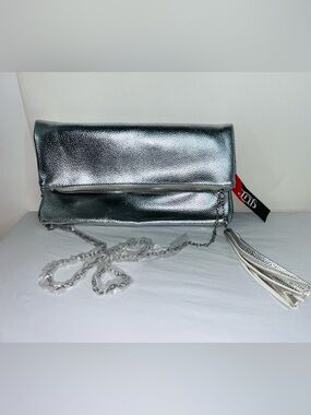 Fold-Over Metallic Silver Clutch with Tassel Accent
